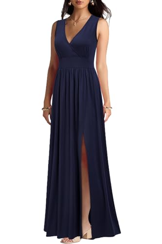 Image of WOOSEA Women Sleeveless Deep V Neck Split Loose Sexy Plain Long Maxi Casual Dress