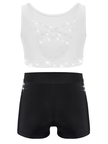 Kids Girls Gymnastics Dance Outfit Rhinestone Crop Vest Top Shorts Set Athletic Tracksuits for Yoga White Black 14 Years2