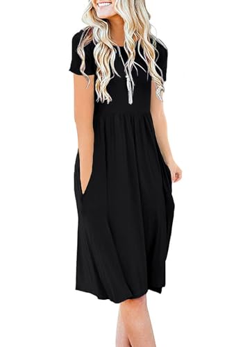 DB MOON Women Summer Casual Short Sleeve Dresses Empire Waist Dress with Pockets (Black, XL)