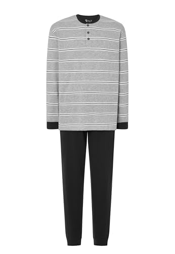 El Búho Nocturno Mens Pajama Set Long Sleeve Knit Premium Striped Pajama Set for Men, 92% Cotton, 8% Viscose, Grey 5587, XL