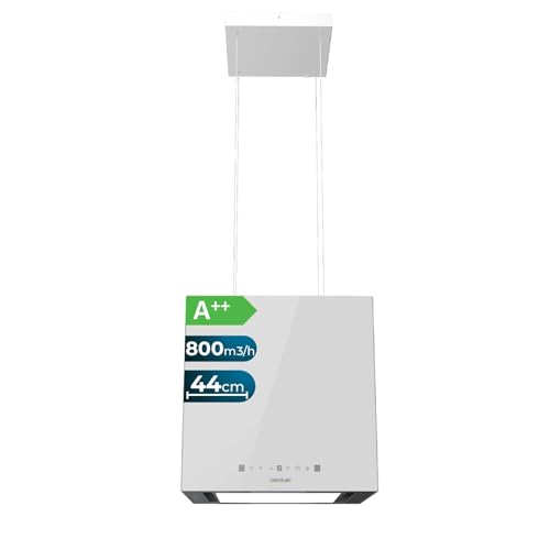 Cecotec Campana Extractora 44Cm En Isla Cuadrada Bolero Flux Cct 448000 Glass White A++. Acabado Vidrio Blanco, Succión 800M3/H, Motor 210W, 3 Potencias, Filtro Carbono