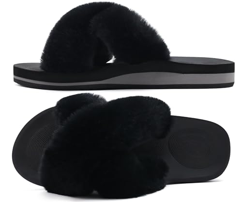Image of COFACE Womens Fuzzy Slides Fluff Faux Fur Cross Slippers Open Toe Yoga Mat House Slipper Sandals With Arch Support For Indoor /Outdoor
