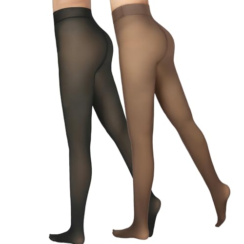 Delcast 2 Pairs Fleece Lined Tights WomenFake Translucent Thermal Sheer Thick Pantyhose Leggings for Winter