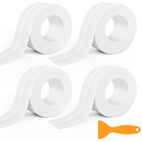 Nadinsta 4 Rolls Bath Sealant Strip, Self-Adhesive Bathroom Sealant Tape, 22mm x 3.2m Bathroom Sealant White Anti Mould, Waterproof Sealing Tape Caulk Strip With Sealing Tool for Toilet, Wall Corner