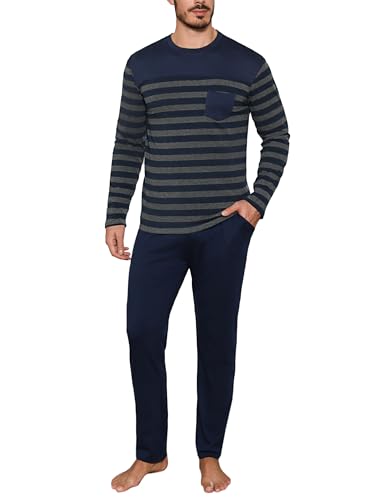 Aseniza Pigiama Uomo Invernale Cotone Lungo Due Pezzi Set Pigiami Righe Uomo Maniche Lunghe da Casa Caldo Loungewear Casual Blu Navy-232, XXL