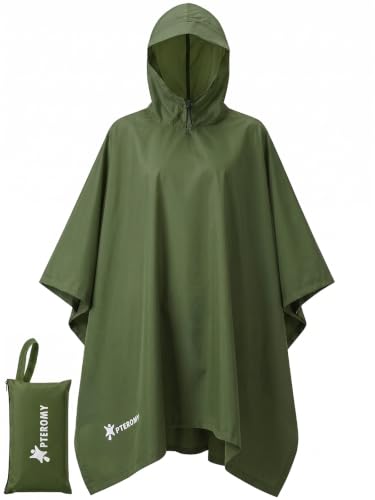 Image of PTEROMY Hooded Rain Poncho for Adult, Waterproof Lightweight Unisex Raincoat for Hiking Camping Emergency