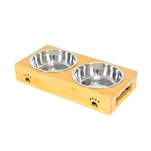 Edipets, Comedero Perro Gato, Bebedero Perro Gatos, Madera, Plato Simple, Doble, Triple Extraíble de Cerámica o Acero Inoxidable, Base de Bambú Antideslizante (Acero Inoxidable, Doble)