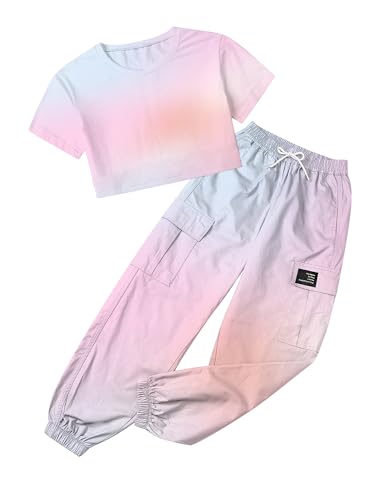 Image of Betusline Girls' Tie Dye Short Sleeve Crop Tops & Cargo Pants Set, Regular Fit,Perfect for Young Girl,Pink Tie Dye,13-14 Years = Tag 170