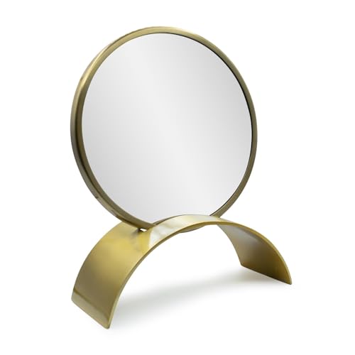 Image of Howard Elliot Maja Arched Table Top Mirror with Stand, Table Desk Vanity Makeup Mirror with Stainless Steel Antique Brass Finish, Modern Decorative Portable Table Vanity Mirror, Gold, 15 x 12 Inches