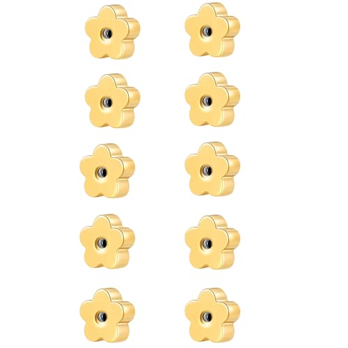 Renkovte Flat Screw Back Earring Replacements, 10 Piece Stainless Steel Security Backs for Studs, Gold Finish, 5mm Width (Gold Flower Shape Flat Screw Backs)