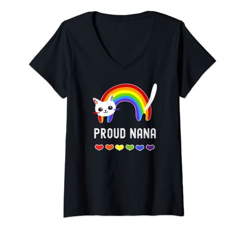 Womens Proud Nana Grandma LGBTQ Ally LGBT Rainbow Gay Pride Cat V-Neck T-Shirt