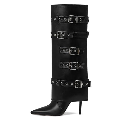 Grakihily Womens Black Boots Knee High Buckle Fold Over Tall Boots Leather Long Slouchy Shark Boot Pointed Toe Stiletto Heel with Zipper,Size, 9