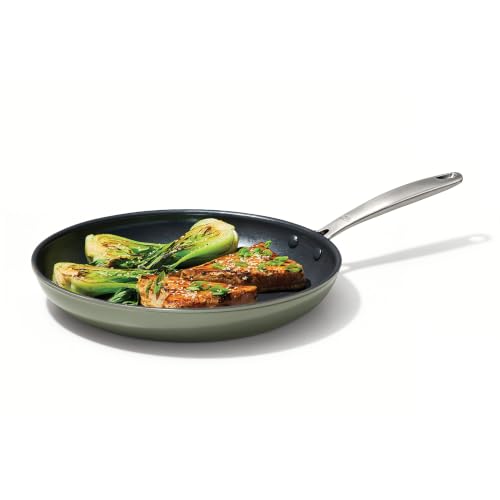 Image of OXO Enhanced 12 inch Frying Pan Skillet, PFAS-Free Ceramic Nonstick Cookware, Stainless Steel Handle, Eggs & Omelets, Dishwasher & Oven Safe, Eucalyptus