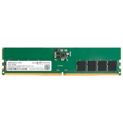 Image of Transcend 24GB DDR5 5600MHz (or 5200MHz or 4800MHz) UDIMM Desktop RAM, Compatible w /Intel & AMD Ryzen, Desktop PC Computer RAM Memory Upgrade Modules, On-die ECC PC5-44800, 1Rx8 CL46, 3Gx8 1.1V 288Pin