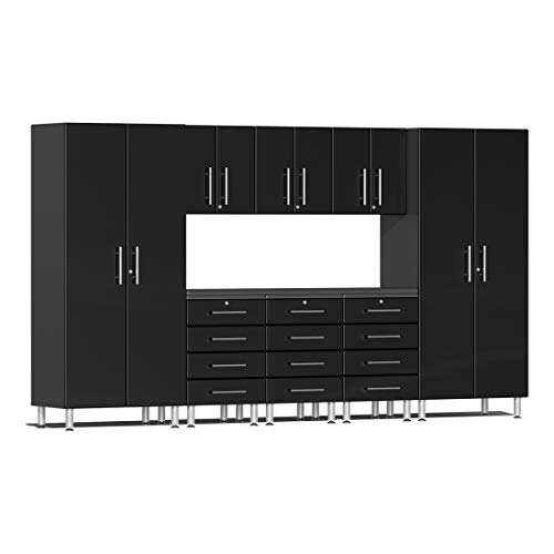 Ulti-MATE UG22091B 9-Piece Garage Cabinet Kit with Channeled Worktop in Midnight Black Metallic