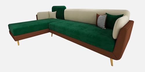 Image of Polyester Velvet Contemperory Sofa Set with Cushion Chaise Lounge, Sectional Sofa Perfect for Your Living Room,Guests Room & Office. (Green & Beige, RHS 5 Seater)