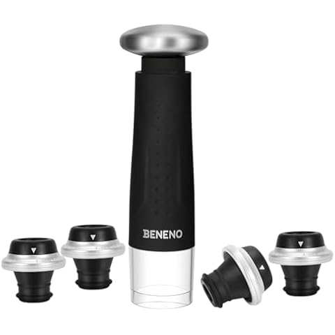 Beneno Wine Saver Vacuum Pump with 4 Vacuum Wine Bottle Stoppers Keep Wine Fresh, Reusable Silicone Vacuum Wine Sealer Wine Preserver for Wine Bottles, Ideal Wine Accessories Gift Cover