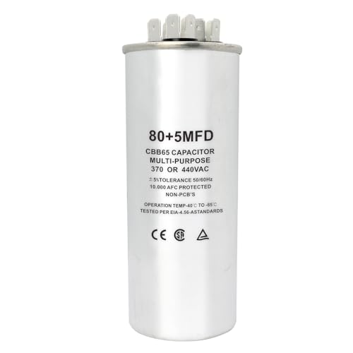 CBB65 Round Dual Run Circular Start Capacitor, 80 + 5 uF/MFD ±5% 370V/440VAC Combination Capacitor for Compressor AC Motor Run Fan Start Condenser Straight Cool/Heat