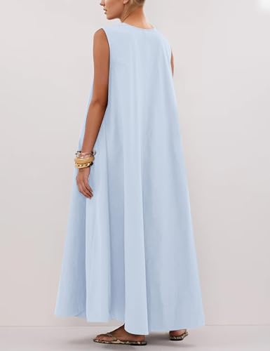 Image of Women Flowy Maxi Dress Ruched Sleeveless Long Dress Vacation Fashion Summer Casual Loose Fit Sundress with Pockets