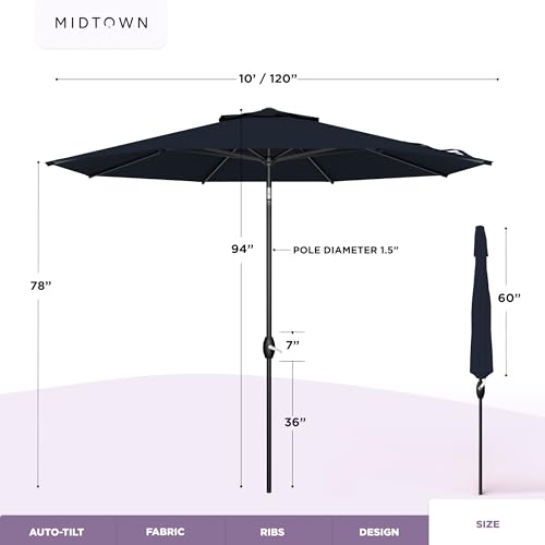 Image of Midtown Umbrellas - The Lean 10 Ft Patio Umbrella with 10-Year-No-Fade Acrylast Acrylic Fabric, Auto-Tilt and 8 Reinforced Ribs for Deck, Pool, Garden, Hotel & Cafes - Harbor Navy Canopy, Black Pole