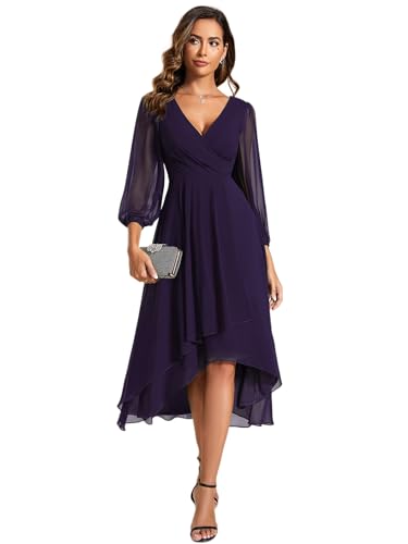 Image of Ever-Pretty Women's Chiffon V Neck Long Sleeves A-Line Midi Length Wedding Guest Dress Cocktail Party Formal Dresses 01926