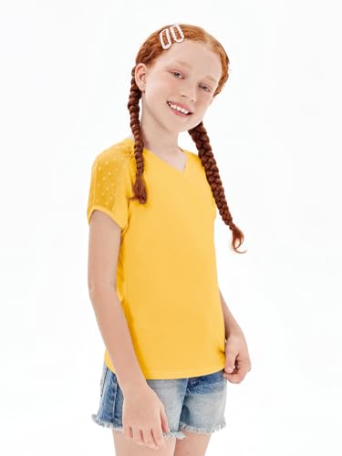 Image of Haloumoning Girls V Neck T-Shirts Kids Summer Swiss Dot Short Sleeve Tops Cute Fashion Tees 5-14 Years