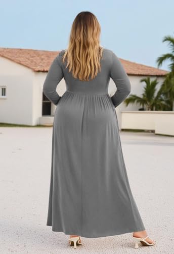 Image of Nemidor Plus Size Maxi Dress for Curvy Women Fall Casual Loose Long Sleeve Dresses with Pocket 14-26