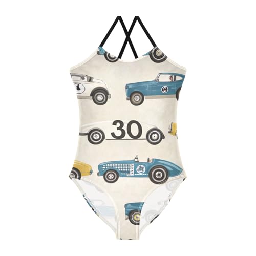 Vintage Race Cars Beige One Piece Swimsuit, Spaghetti Straps, Cross Back Design, Ages 3T