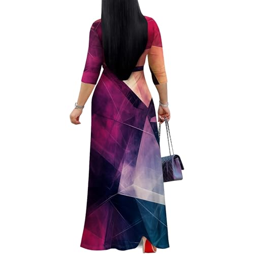 Image of PinkPatty Women's Plus Size Maxi Dresses Casual Flowy 3 /4 Sleeves Dress Printed Vacation Dress for Daily Wear with Belt
