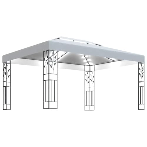 vidaXL Tonnelle avec Double Toit et Lumières LED Belvédère de Jardin Pavillon d'Extérieur Tente de Réception Chapiteau Barbecue 3x4 m Blanc