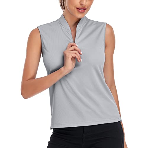 Selovzz Women Golf Polo Shirts Collared Sleeveless Athletic Tank Tops Tennis Sports Mositure Wicking Lightweight Polo Shirts Ladies Golf Apparel Clothes Lightgrey S #TOP13