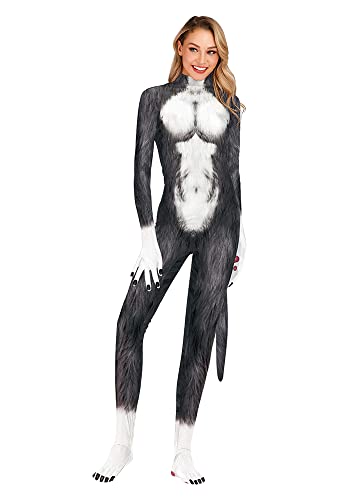 Image of Men's Animal Bodysuit Costume with Big Tail Print Petsuit Spandex Furry Jumpsuit Cosplay Halloween Party