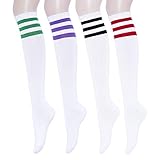 YEJIMONG Knee High Socks for Women and Girls – 4 Pairs Striped Tube Socks with Non-Slip Ribbed Cuffs (Shoe Size 6-10) (White(Red/Black/Purple/Green))