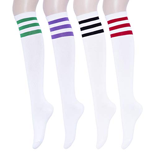 YEJIMONG Women's 4 Pairs Cotton White Knee High Socks with Colored Triple Stripes, Long Tube Socks Gift Idea Size 6-10 (White(Red/Black/Purple/Green))