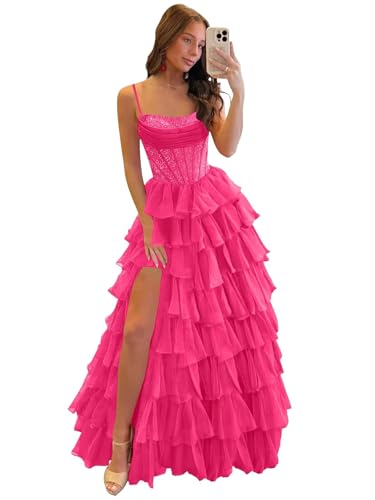 WOIDOCE Ruffle Prom Dresses for Women Tiered Sparkly Spaghetti Strap Chiffon Long Evening Gown with...