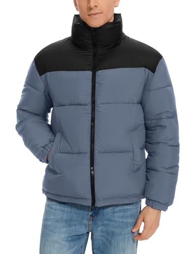 Image of PEHMEA Men's Puffer Jacket Stand Collar Zipper Coat with Pockets Retro Bubble Outwear for Winter
