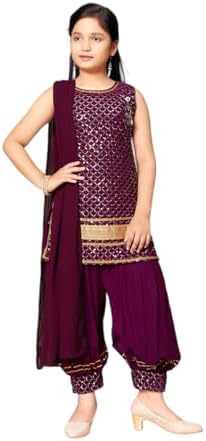 Aarika Girls Ethnic Wear Black Colour Sequin Embroidery/Lace Work Georgette Kurti Patiala Set With Dupatta