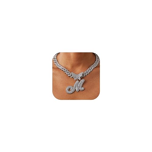 Silver Cuban Link Chain for Women 14k Gold Plated Letter Necklace Initial Custom Chain Name Necklaces Personalized Necklace Iced Out Chains Pendants Bling Necklaces Hip Hop Jewelry for Women