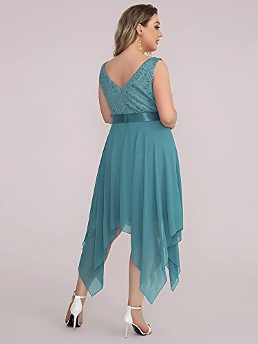 Image of Ever-Pretty Plus Women's V Neck Sleeveless Asymmetric Hem Lace Chiffon Short Summer Plus Size Wedding Guest Dresses