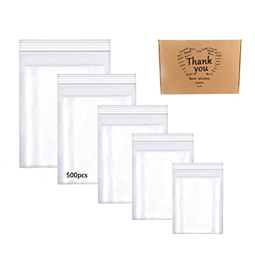 HVDHYY 500Pièces Sachet Plastique Transparent Zip Reutilisable Sacs en Plastique Transparent Pochette Plastique Zip de Bijoux Boucles d'oreilles Collier Échantillons ( Mixte 5 Tailles, 160microns ) Cover