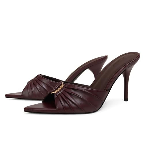 Image of iiimmu 3.5 IN Stiletto Mules High Heels with Pointed Peep Toe Heeled Sandals Faux Leather