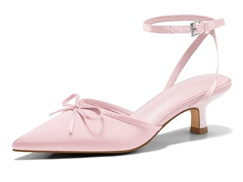 Image of Coutgo Satin Kitten Low Heels with Bow Closed Pointed Toe Short Pumps Dress Wedding Party Shoes