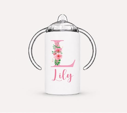 Personalized Insulated Stainless Steel Sippy Cup | Any Name or Text | Pink Floral Initial and Name | Sippy cup for toddlers | Sippy cup for baby