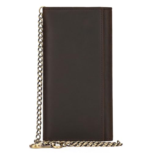 PINKPIN Mens Long Wallet with Chain, Genuine Leather Trifold Wallet RFID Blocking Anti-Theft Chain for Biker, Motorcycle (Brown)