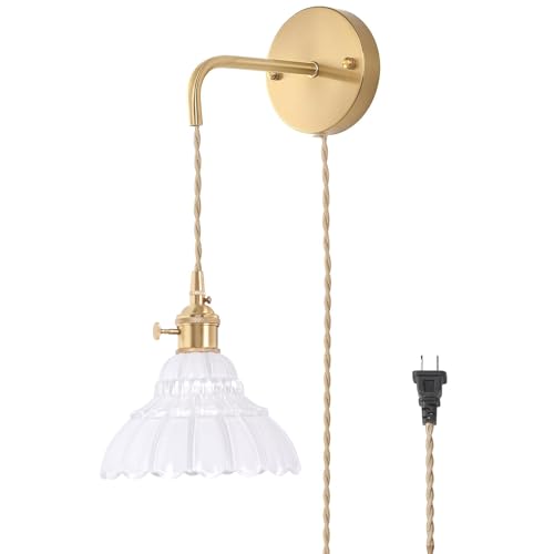 Image of Shenmoyl Vintage Wall Sconce with White Lily of the Valley Glass Shade Hanging Wall Sconce with 4.9FT Plug in Cord, Modern Wall Lamp Fixtures Decor for Bedside Bedroom Indoor Doorway