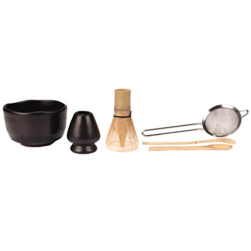 Japanese Ceremonial Matcha Green Tea Whisk Set - Golden Chasen Whisk, Chashaku, Tea Spoon, Black Bowl, Black Rest, Strainer