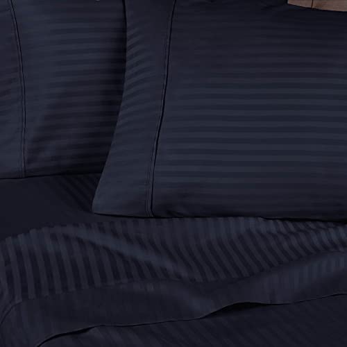 Combed Cotton 300 Thread Count, Olympic Queen 4-Piece Bed Sheet Set, Deep Pocket, Single Ply, Sateen Stripe, Navy Blue #TOP2