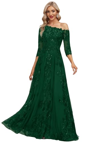 Long Sleeve Mother of The Bride Dresses for Women A Line Lace Appliqued Formal Dress One Shoulder Tulle Evening Gown