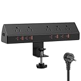 Desk Clamp Power Strip 65W Fast Charging Station,4 PD USB-C,5 Outlets,Nightstand Desk Edge Mount Tower Surge Protector,15 Amp Heavy Duty Power Strip,Fits 1.96" Tabletop Edge (Black, 6 FT Cable)