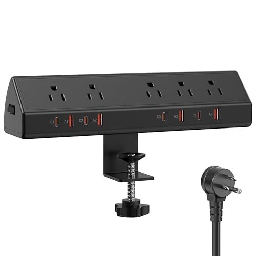 Desk Clamp Power Strip 65W Fast Charging Station,4 PD USB-C,5 Outlets,Nightstand Desk Edge Mount Tower Surge Protector,15 Amp Heavy Duty Power Strip,Fits 1.96″ Tabletop Edge (Black, 6 FT Cable)